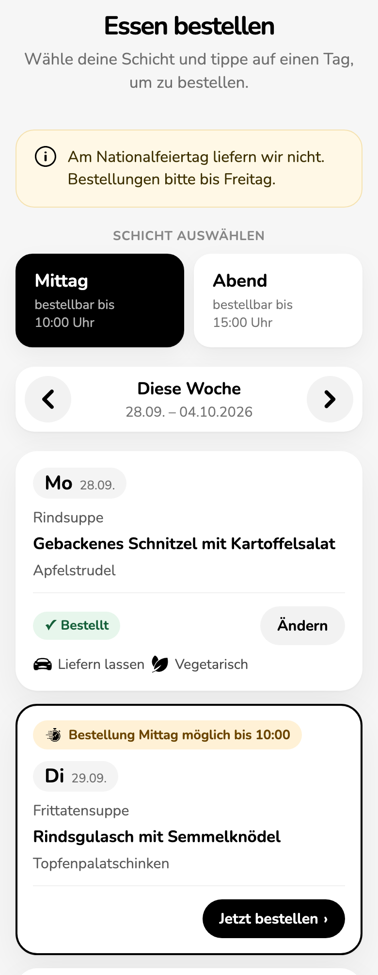 MyMeal Business am iPhone: Wochenansicht mit Schichtwahl und Tagesbestellungen